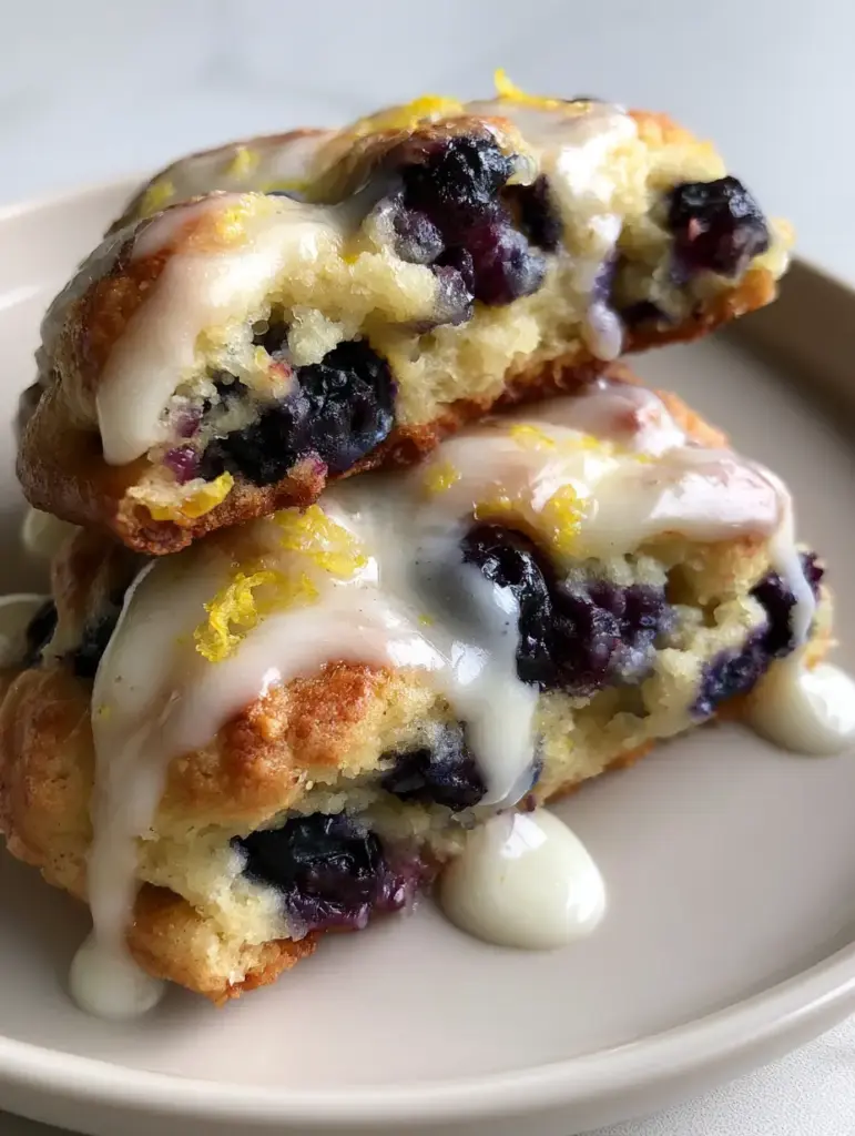 A top-down view of freshly baked lemon blueberry cookies with thick white glaze glistening in natural light.
