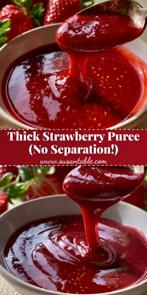 Strawberry Puree: The Ultimate Thick & Glossy Ruby-Red Sauce 3 A silver spoon lifting a thick, glossy ruby-red Strawberry Puree from a white ceramic bowl, showing a slow-drip ribbon with zero water separation.