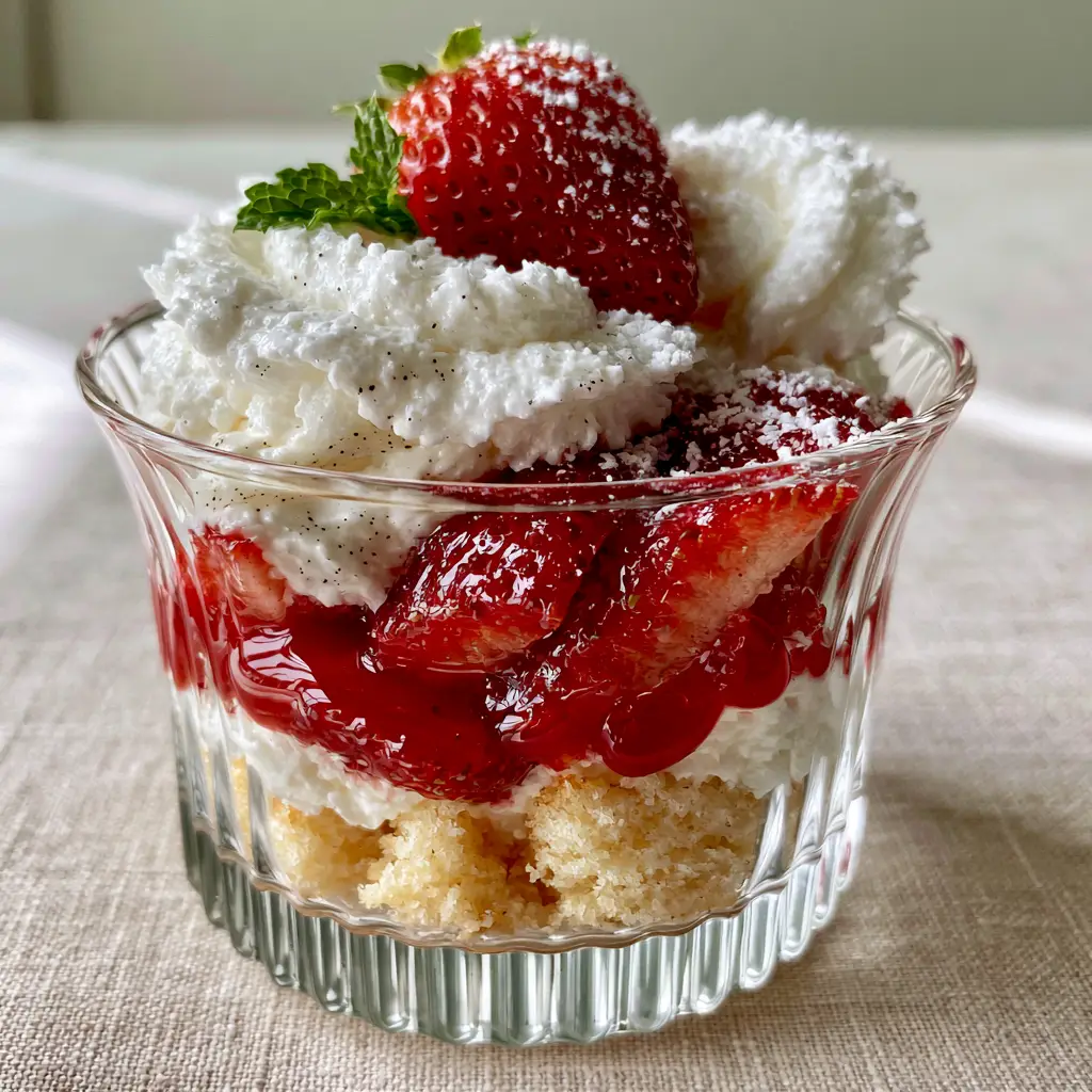 Strawberry Shortcake in a Jar: The Ultimate Easy Summer Dessert 2 Close-up of rustic layers in a Strawberry Shortcake cup showing golden sponge cake and ruby-red strawberries with glossy glaze.