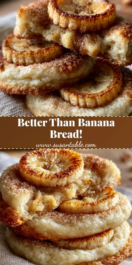 A stack of three thick pillowy banana bread cookies with caramelized banana slices and cinnamon sugar on a linen napkin.