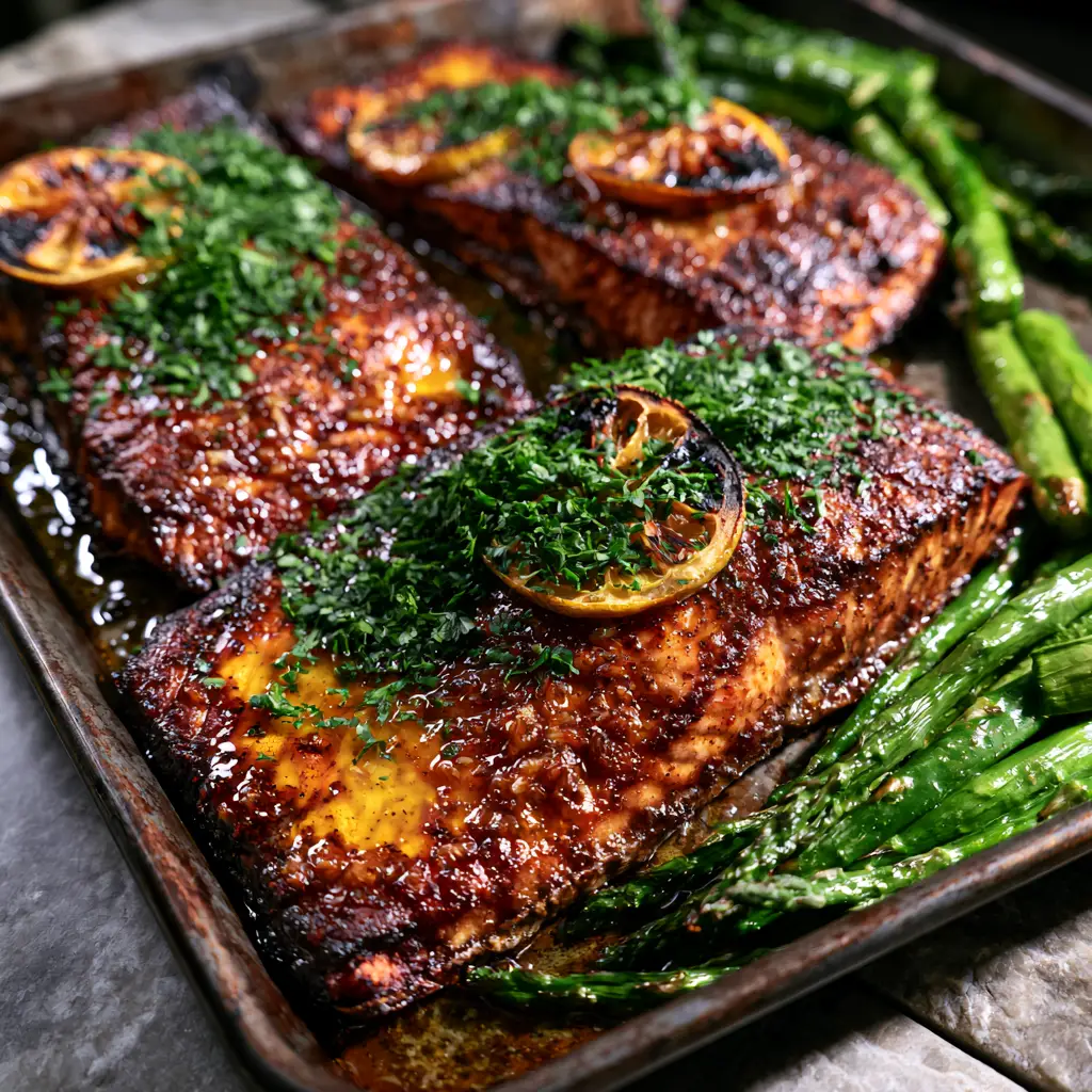 Lemon Garlic Baked Salmon with Honey Glaze and Roasted Asparagus 2 A rustic dark metal sheet pan featuring three thick, flaky lemon garlic baked salmon fillets topped with charred lemon wheels and fresh parsley next to roasted asparagus.