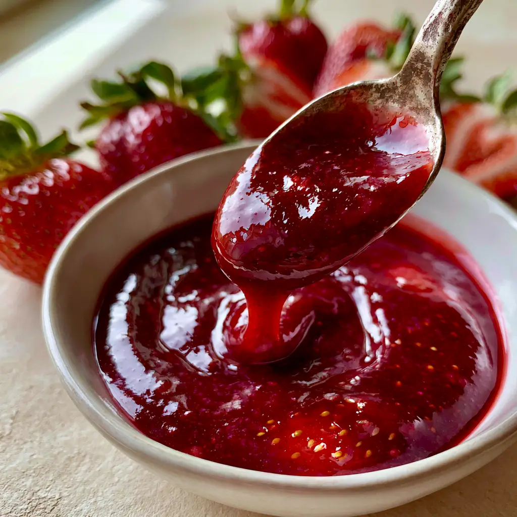 Strawberry Puree: The Ultimate Thick & Glossy Ruby-Red Sauce 2 A velvety pool of ruby-red Strawberry Puree in a minimalist white bowl surrounded by fresh strawberries with bright green stems.