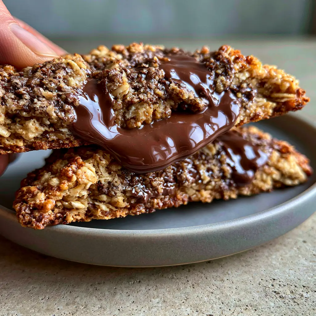 Oatmeal Chocolate Chip Cookies: The Ultimate Thick and Chewy Recipe 2 Close up of a single oatmeal chocolate chip cookie pulled apart to reveal a gooey, chewy center with melted chocolate pull.