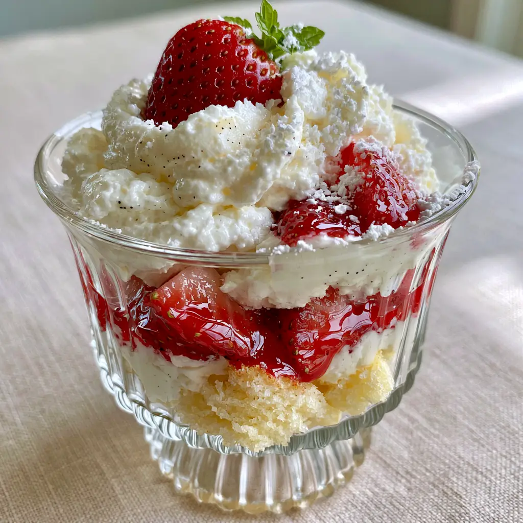 Strawberry Shortcake in a Jar: The Ultimate Easy Summer Dessert 1 A handheld view of Strawberry Shortcake topped with thick vanilla bean whipped cream, a mint sprig, and powdered sugar.