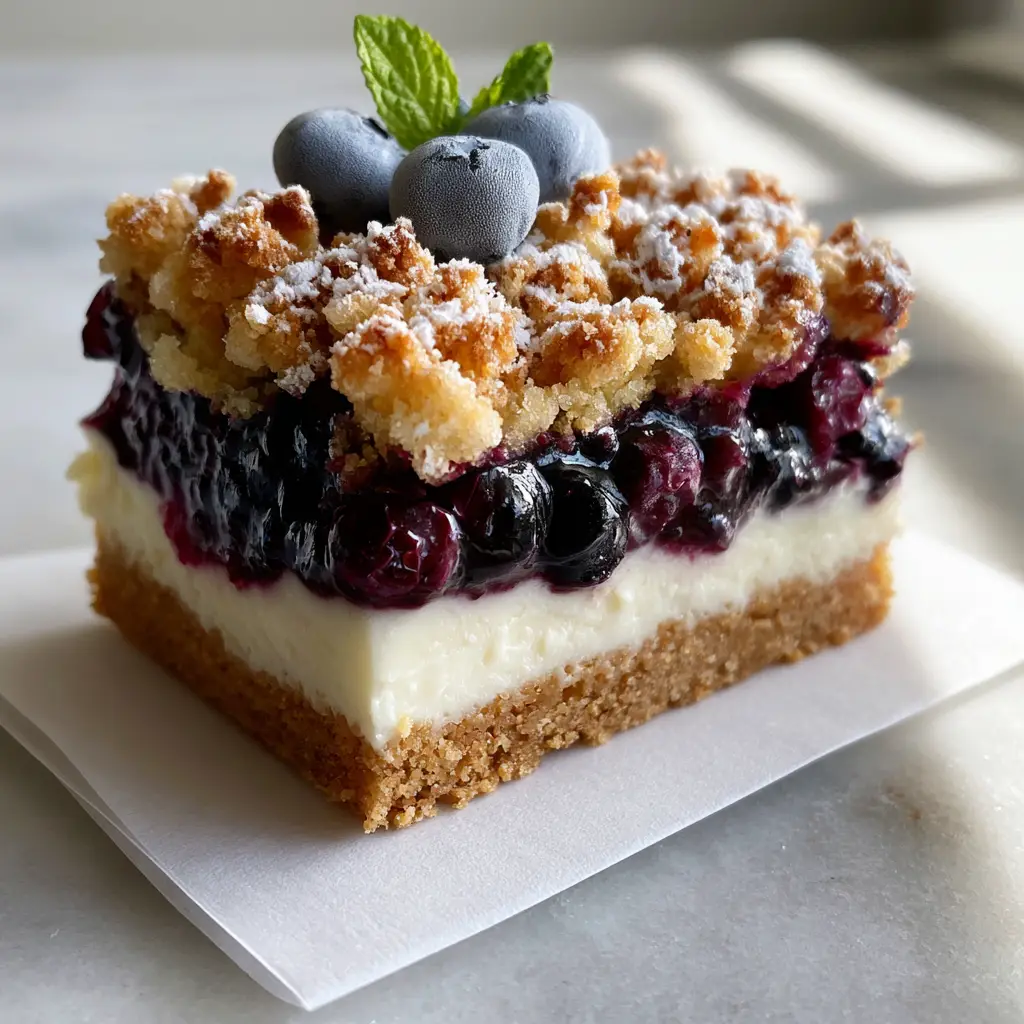 Blueberry Crumble Cheesecake with Buttery Streusel Topping 2 Eye-level shot of a single Blueberry Crumble Cheesecake bar on white parchment paper showing three immaculate layers.