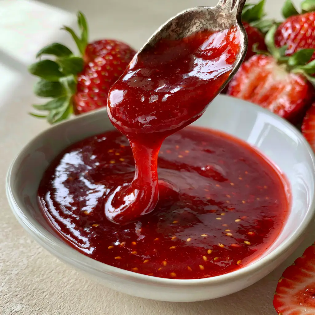 Strawberry Puree: The Ultimate Thick & Glossy Ruby-Red Sauce 1 Close up of thick Strawberry Puree glaze showing tiny yellow seeds and halved juicy strawberries on a neutral beige background.