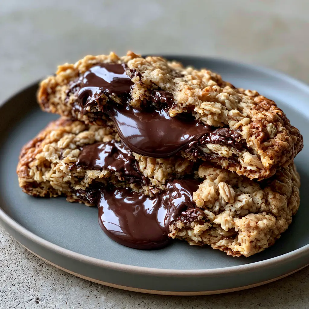 Oatmeal Chocolate Chip Cookies: The Ultimate Thick and Chewy Recipe 1 Bakery style oatmeal chocolate chip cookies with rustic rolled oats and glistening dark chocolate pools on a ceramic plate.