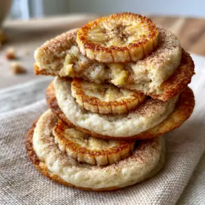 Close up of three stacked banana bread cookies showing golden brown edges and soft centers.