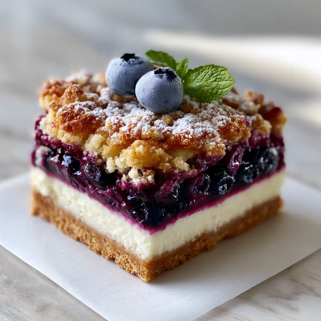 Blueberry Crumble Cheesecake with Buttery Streusel Topping 1 Close up of the golden toasted buttery streusel crumble and fresh blueberry garnish on top of the Blueberry Crumble Cheesecake.