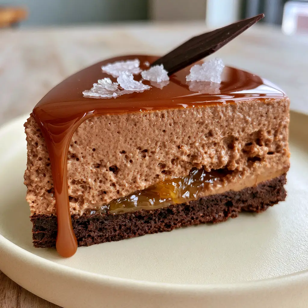Caramel Mousse Cake with a Molten Salted Caramel Core 2 Close up of caramel mousse cake showing the aerated mousse texture and dark chocolate sponge. (caramel mousse cake)