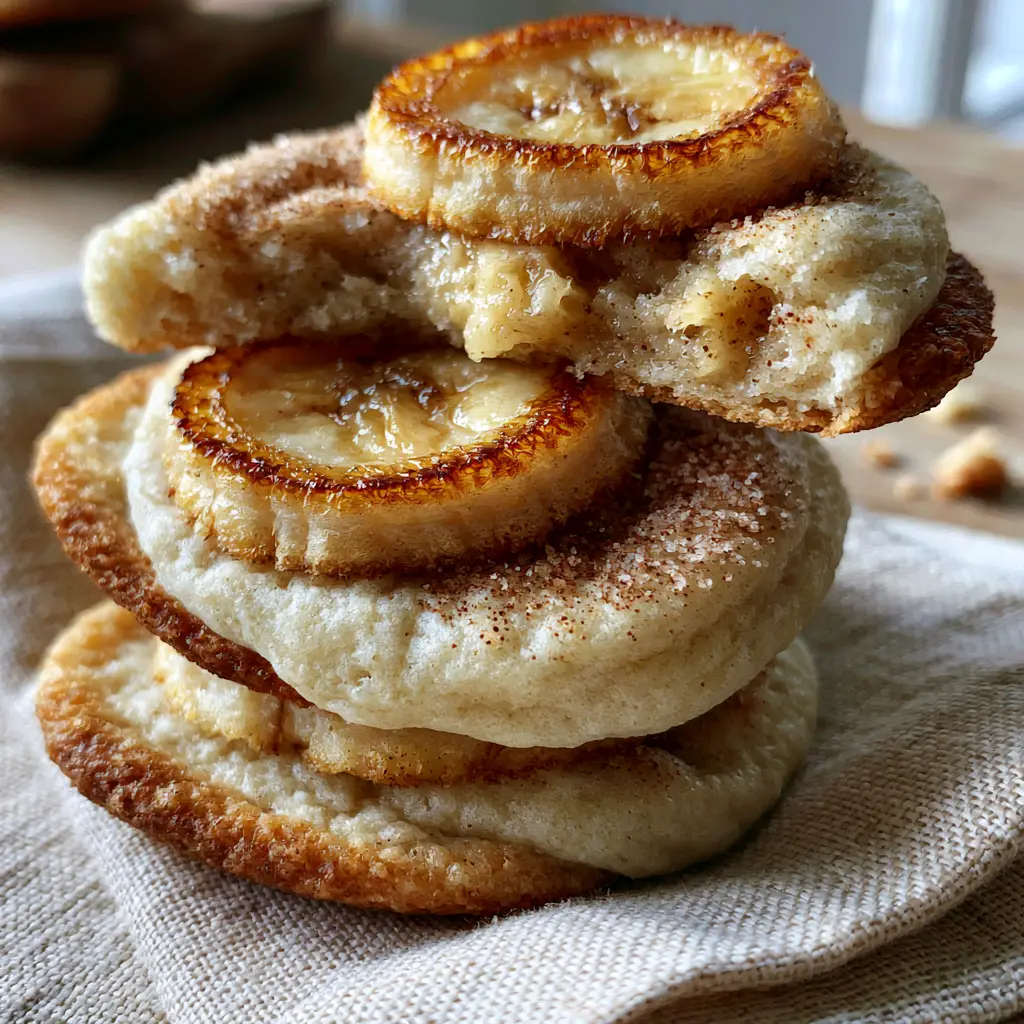 Top view of banana bread cookies topped with caramelized banana slices and sparkling cinnamon sugar.