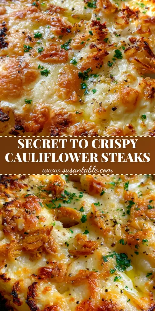 Baked Cauliflower Steaks with Toasted Garlic and Bubbling Parmesan Crust 4 A rustic dark stoneware plate holding a thick-cut Baked Cauliflower Steak with deeply charred edges and a bubbling golden Parmesan crust.