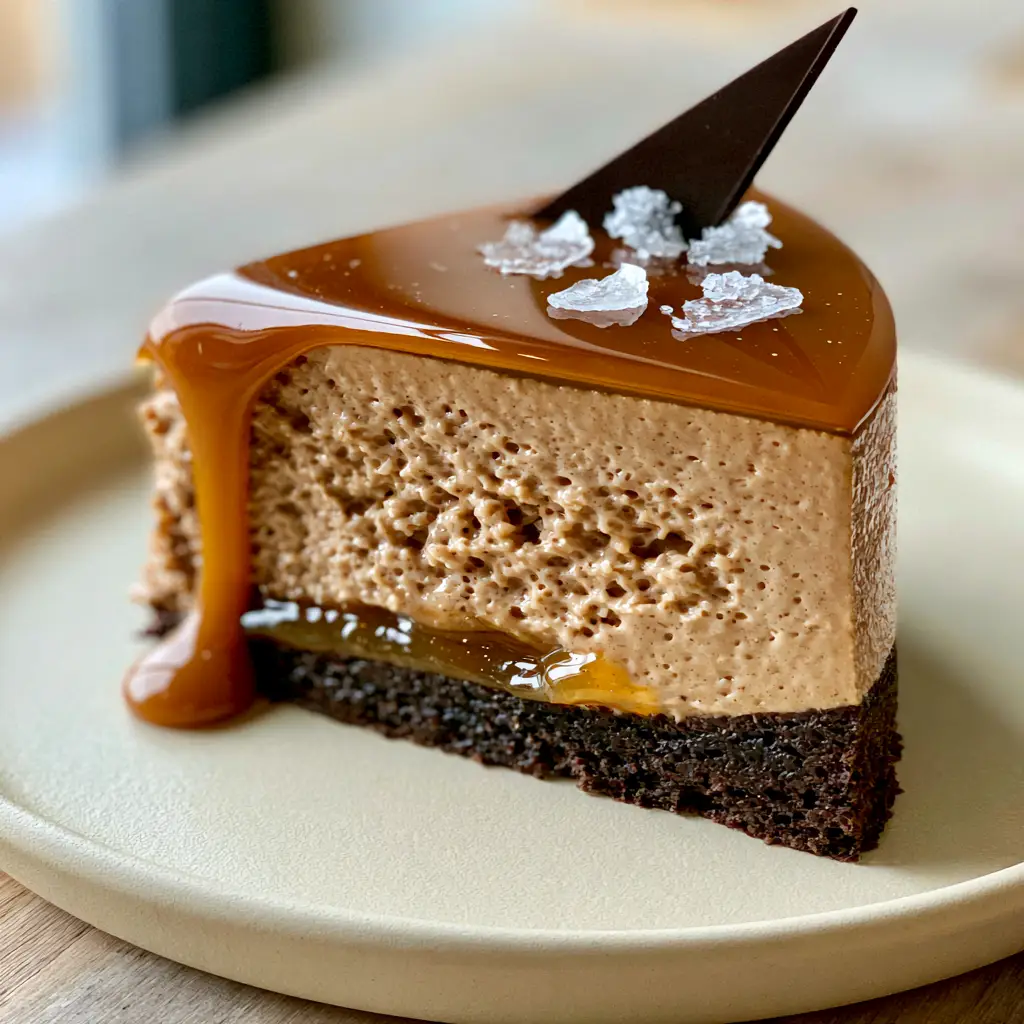 Caramel Mousse Cake with a Molten Salted Caramel Core 1 A slice of caramel mousse cake featuring a slow-moving caramel drip and reflective amber glaze.