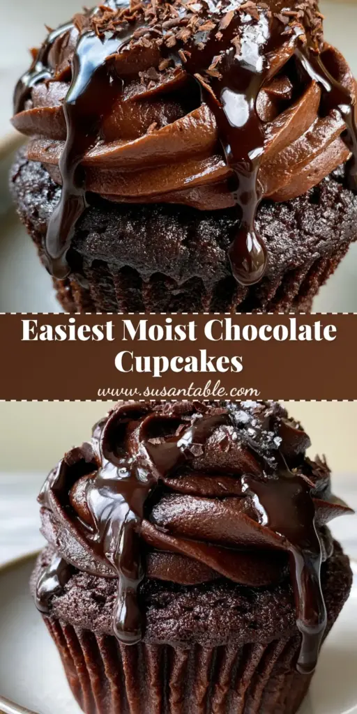 Chocolate Cupcakes with Glossy Buttercream and Dark Chocolate Fudge 4 A close-up vertical shot of a moist chocolate cupcake piled high with glossy dark chocolate buttercream, a fudge drizzle, and flaky sea salt. (Chocolate Cupcakes)