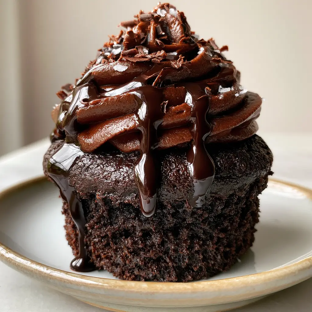 Chocolate Cupcakes with Glossy Buttercream and Dark Chocolate Fudge 2 Handheld smartphone photo of a single dark chocolate cupcake on a minimal plate showing the tender crumb and glossy swirl frosting. (Chocolate Cupcakes)