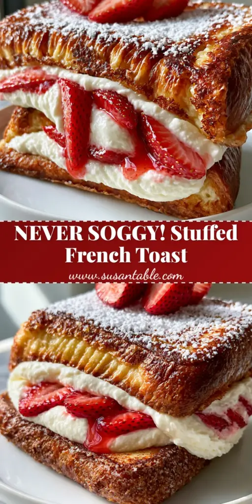 Strawberry Cheesecake Stuffed French Toast (Easy & Decadent) 3 A stack of Strawberry Cheesecake Stuffed French Toast with a caramelized golden-brown crust, oozing cream cheese filling, and fresh strawberries.