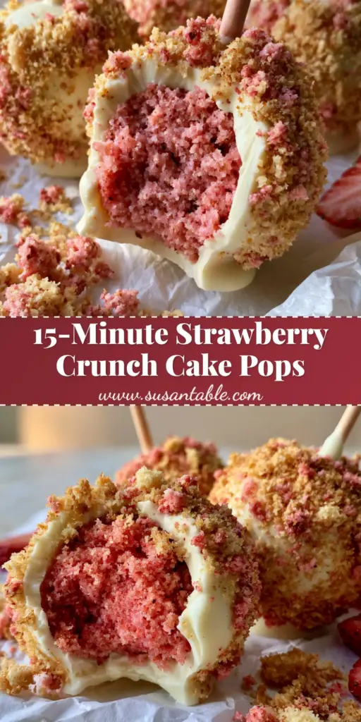 Strawberry Shortcake Cake Pops with Golden Crunch 4 A stack of strawberry shortcake cake pops heavily coated in golden-brown and pink crunch crumble on wooden sticks.