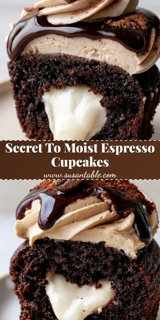 Chocolate Coffee Cream Cupcakes: The Ultimate Gourmet Recipe 3 A close-up vertical shot of a chocolate coffee cream cupcake with a high espresso swirl and glossy chocolate drizzle.