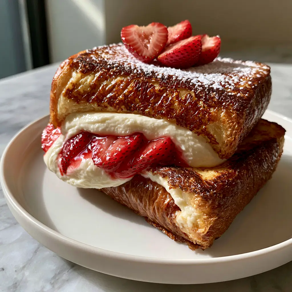 Close-up of thick-cut brioche Strawberry Cheesecake Stuffed French Toast showing the velvety white filling and powdered sugar dusting.