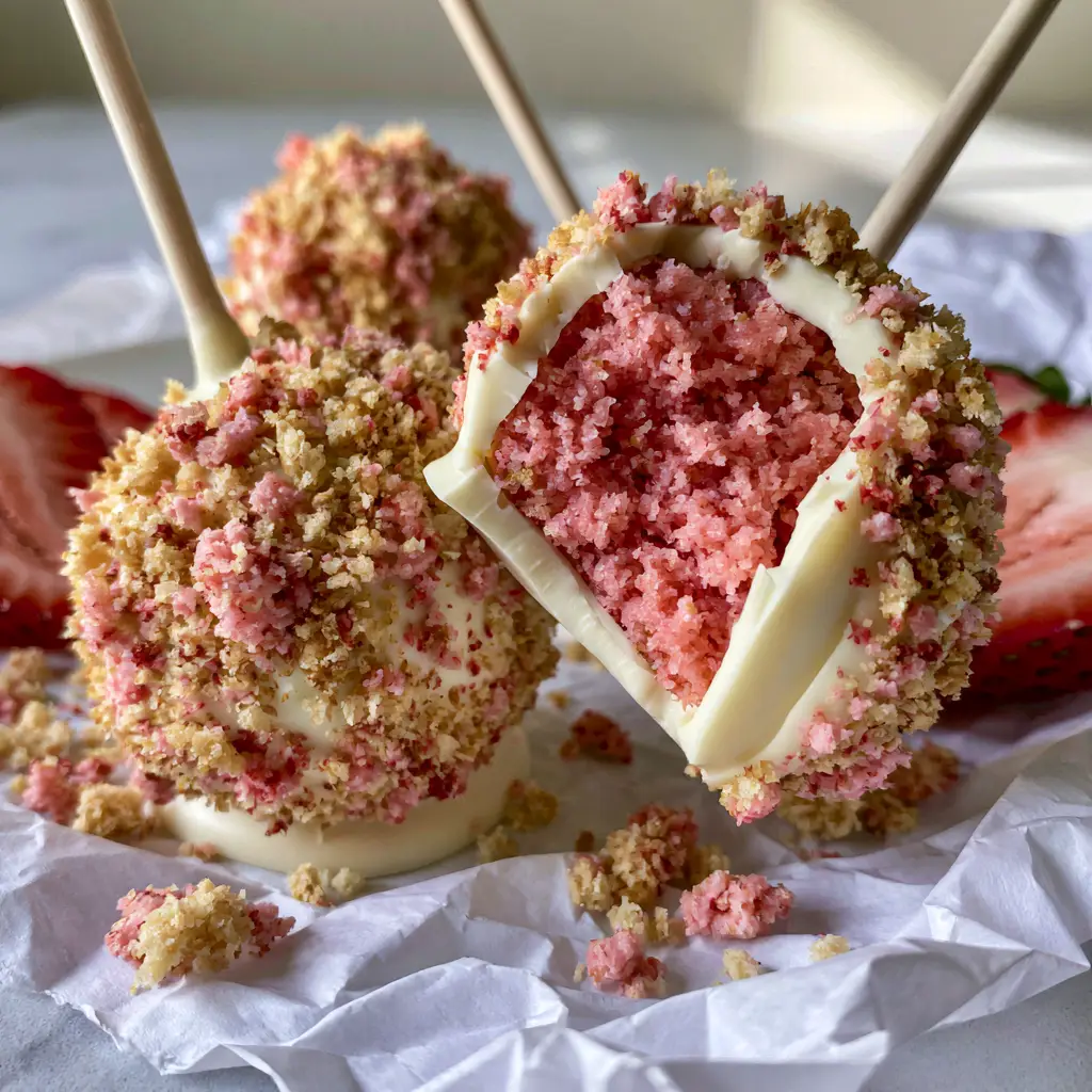Strawberry Shortcake Cake Pops with Golden Crunch 2 A close-up of a strawberry shortcake cake pop with a bite taken out, showing the moist pink strawberry cake center.