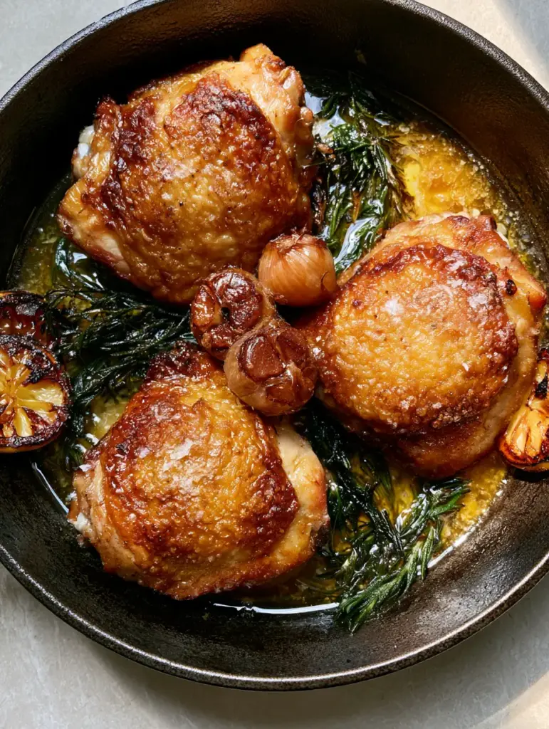 Chicken Thighs with Shatter-Crisp Skin, Rosemary, and Caramelized Garlic 1 Top-down handheld photo of four bone-in chicken thighs with caramelized garlic and charred lemon half-moons.