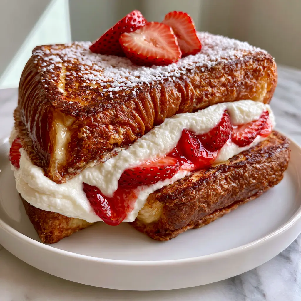 Strawberry Cheesecake Stuffed French Toast (Easy & Decadent) 1 Two slices of Strawberry Cheesecake Stuffed French Toast on a minimalist plate with soft morning sunlight.