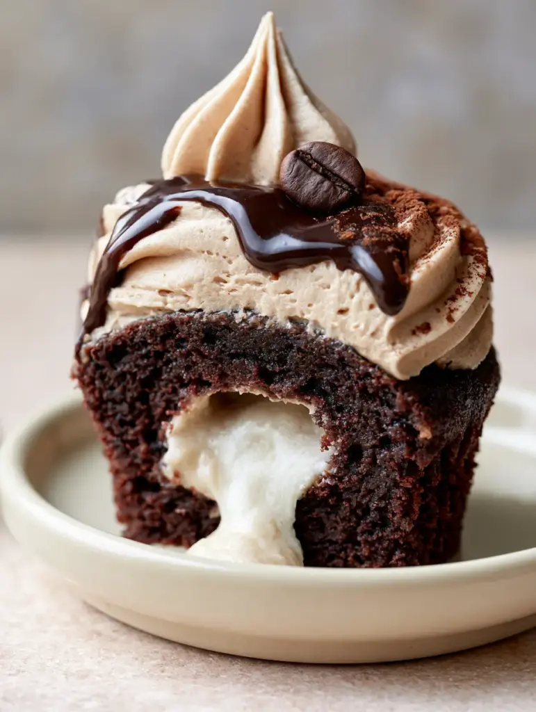 Chocolate Coffee Cream Cupcakes: The Ultimate Gourmet Recipe 2 A cross-section view of gourmet chocolate coffee cream cupcakes showing the white cream filling escaping the dark crumb.