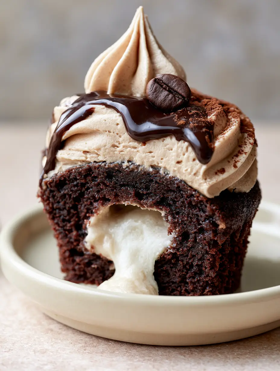Chocolate Coffee Cream Cupcakes: The Ultimate Gourmet Recipe 4 A cross-section view of gourmet chocolate coffee cream cupcakes showing the white cream filling escaping the dark crumb.