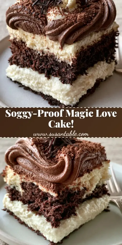 A close-up vertical shot of a square slice of Italian Love Cake showing the distinct white ricotta custard, chocolate cake, and whipped pudding layers.