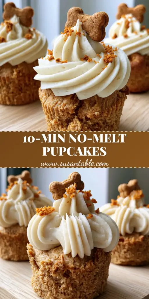 Dog birthday cupcakes: The Ultimate Peanut Butter & Potato Pupcake Recipe 4 Three gourmet Dog birthday cupcakes with thick cream-colored potato frosting and mini bone biscuits on a wooden board. (Dog birthday cupcakes)