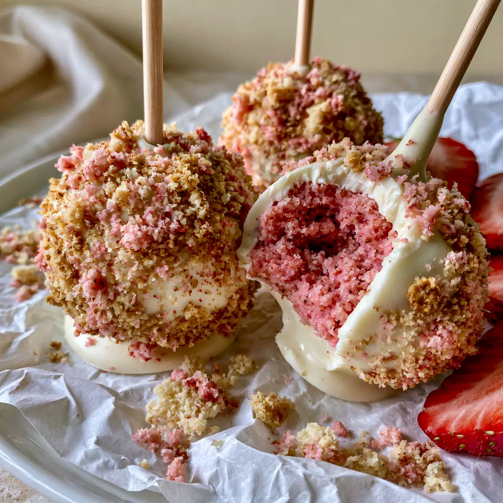 Strawberry Shortcake Cake Pops with Golden Crunch 1 Strawberry shortcake cake pops plated on crumpled white baking paper with fresh strawberry slices and extra golden shortcake crumbs.