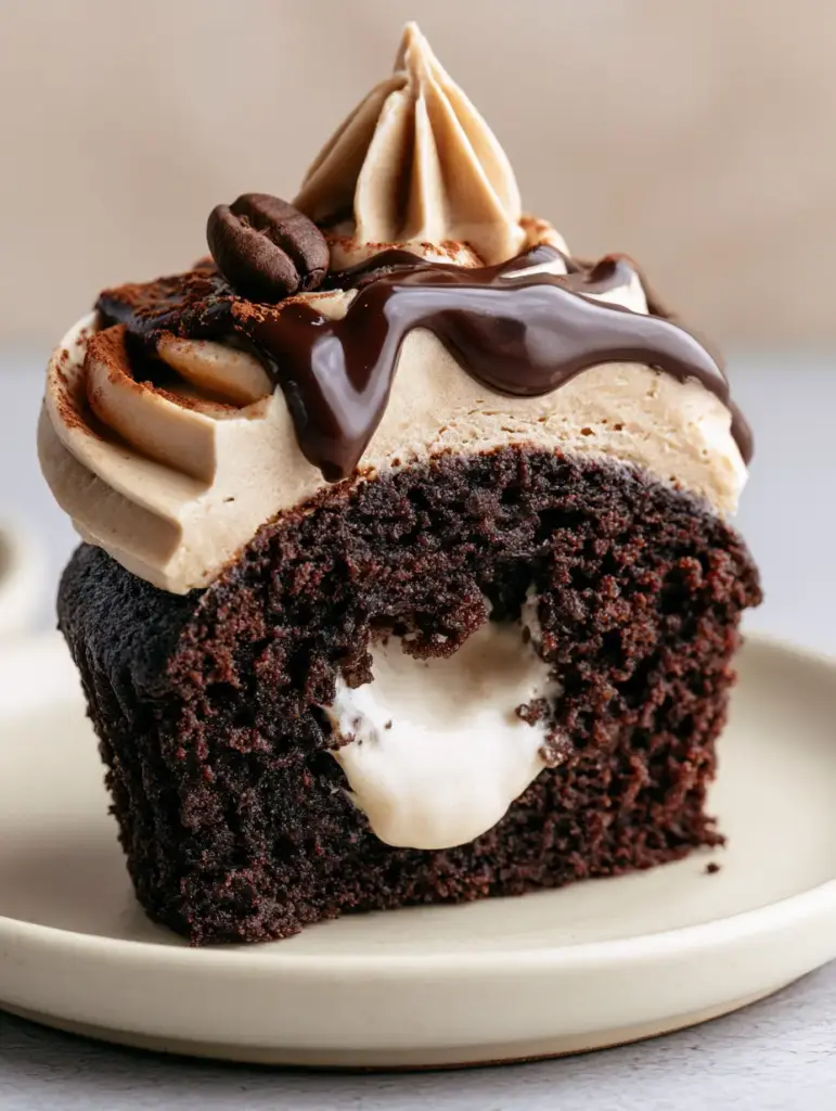 Chocolate Coffee Cream Cupcakes: The Ultimate Gourmet Recipe 1 Top-down view of a chocolate coffee cream cupcake decorated with a roasted espresso bean and cocoa powder dusting.