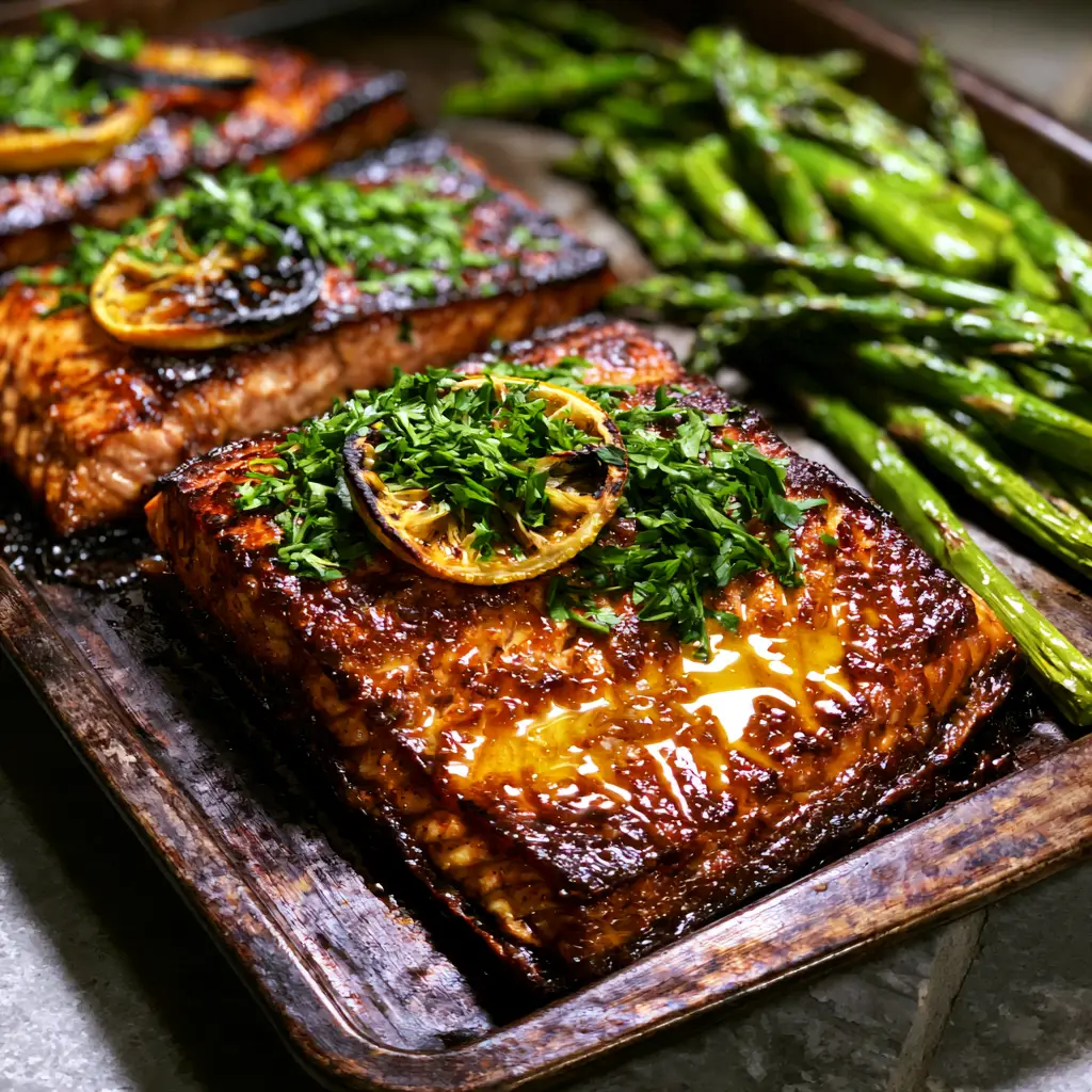 Lemon Garlic Baked Salmon with Honey Glaze and Roasted Asparagus 1 Sharp focus on the flaky texture of a lemon garlic baked salmon fillet with visible pools of golden honey sauce and minced garlic bits.