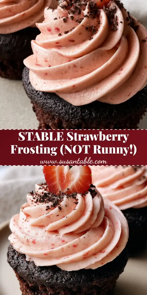 A tall, vertical shot of gourmet strawberry chocolate cupcakes with high buttercream swirls and fresh fruit garnishes.