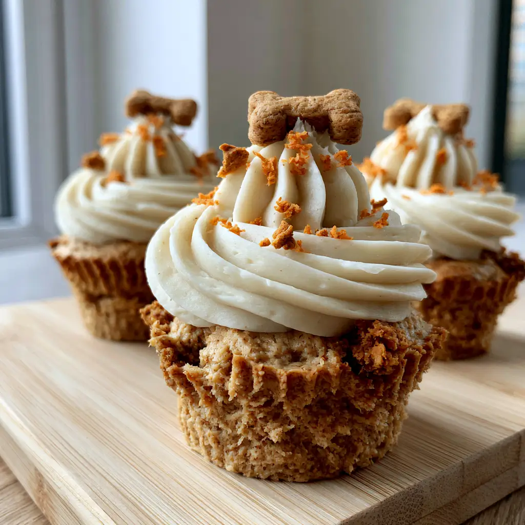 Dog birthday cupcakes: The Ultimate Peanut Butter & Potato Pupcake Recipe 1 Three gourmet dog cupcakes garnished with orange treat crumbles and bone biscuits.