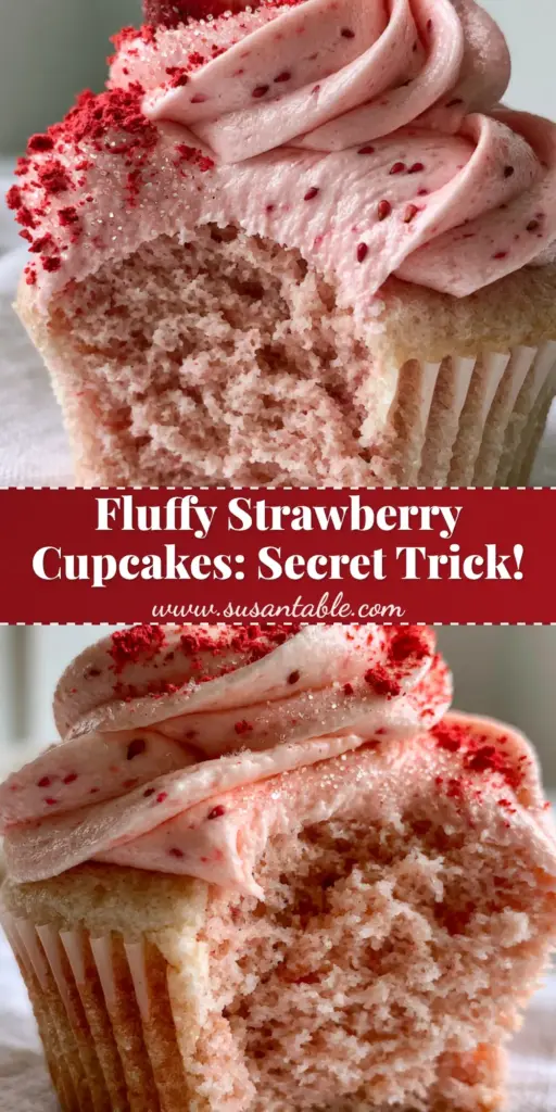 A close-up vertical shot of a strawberry cupcake with a high swirl of pink buttercream and a fresh strawberry garnish, optimized for Pinterest.