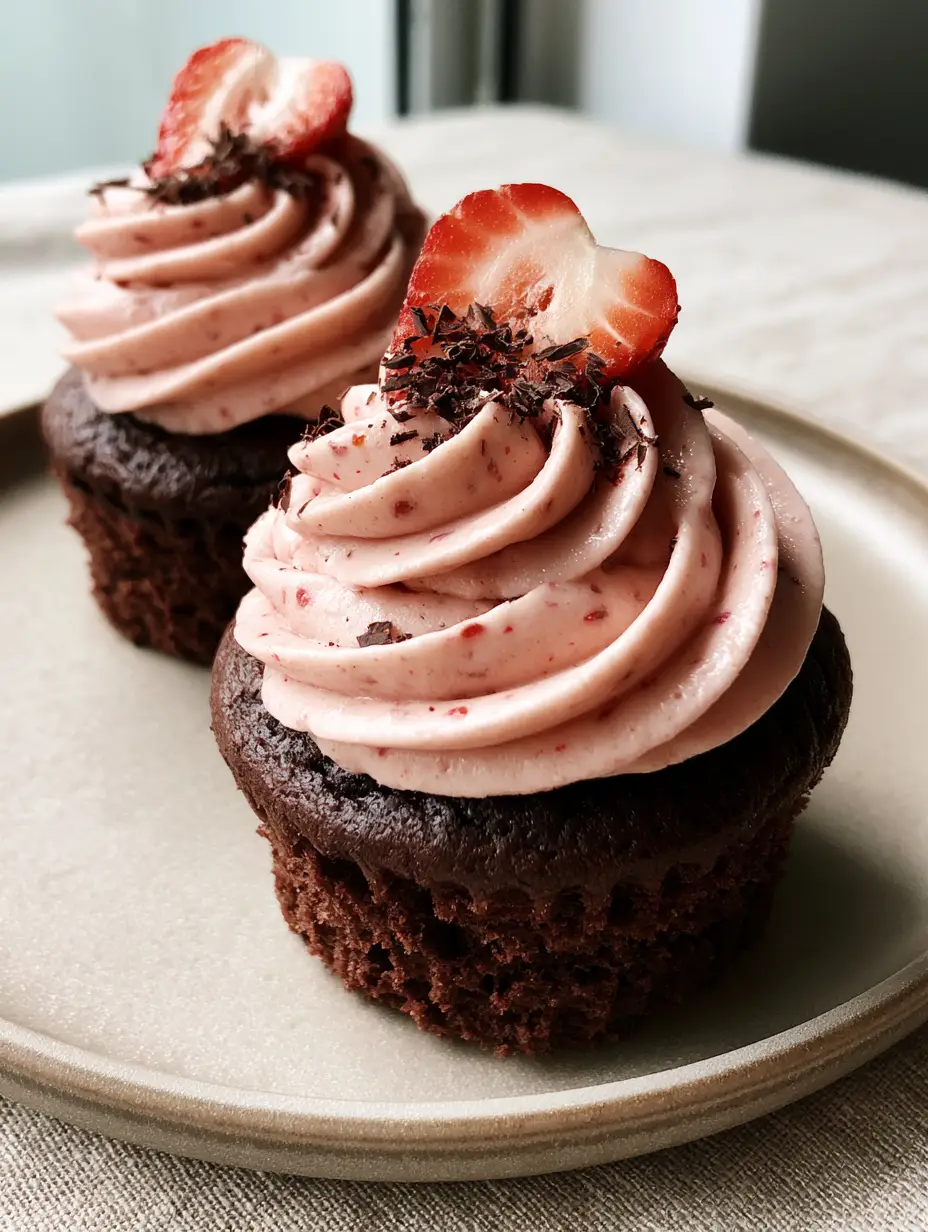 Close-up low-angle shot of two gourmet strawberry chocolate cupcakes on a matte plate with visible strawberry flecks.