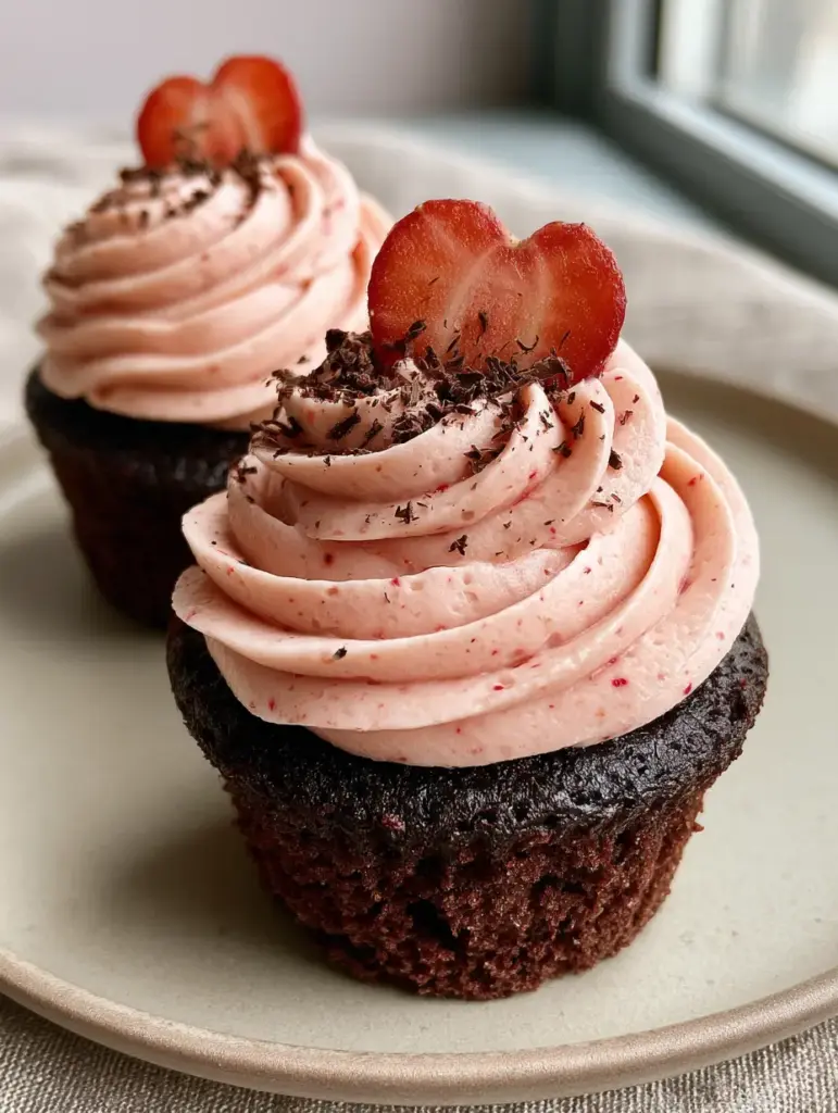 Two strawberry chocolate cupcakes featuring heart-shaped strawberry slices and delicate dark chocolate shavings.