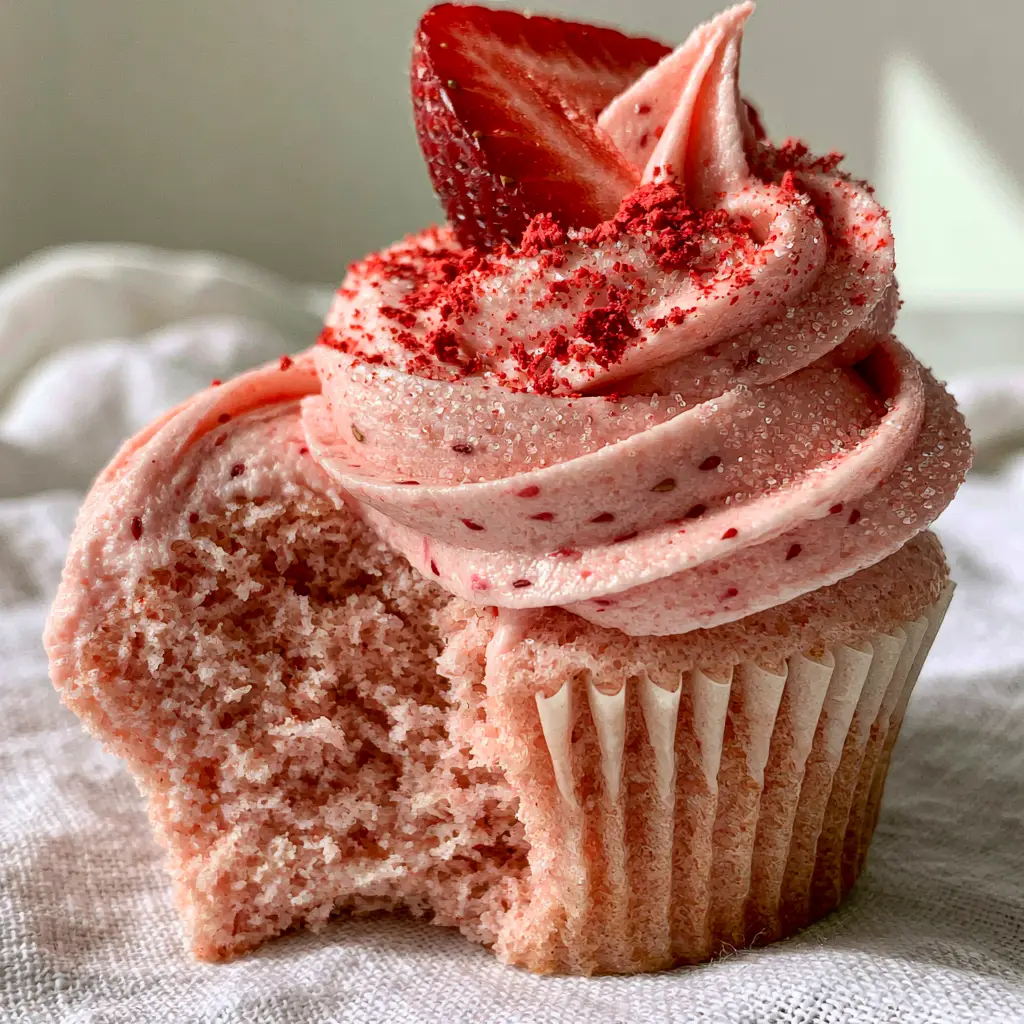 Macro shot of thick strawberry buttercream frosting with visible strawberry seeds and sparkling sugar crystals.
