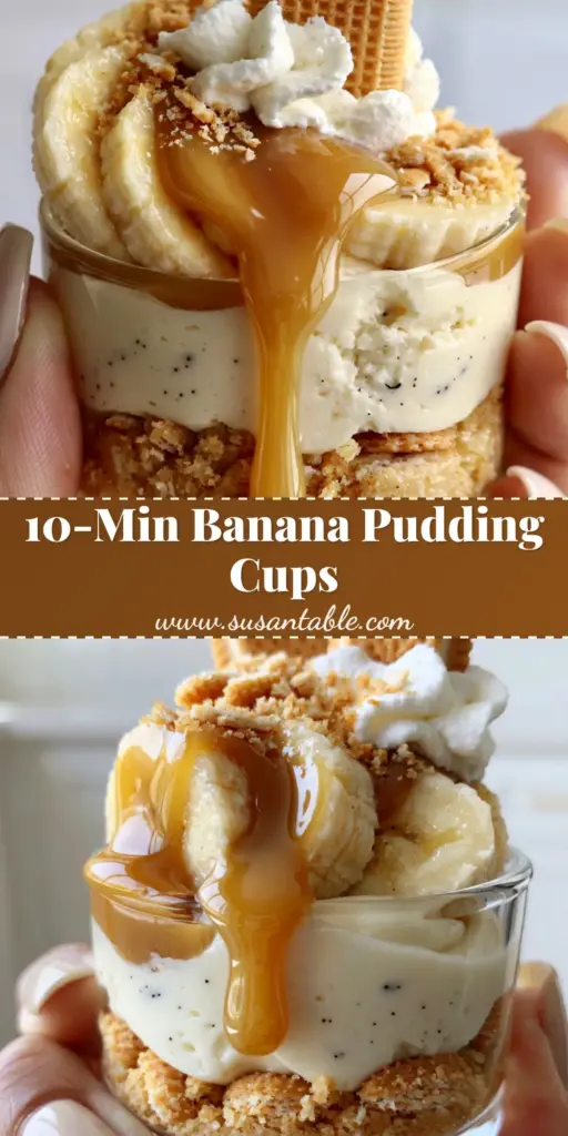 A handheld premium glass dessert cup featuring a layered Mini Banana Pudding Cheesecake with caramel drip and Nilla wafer garnish.