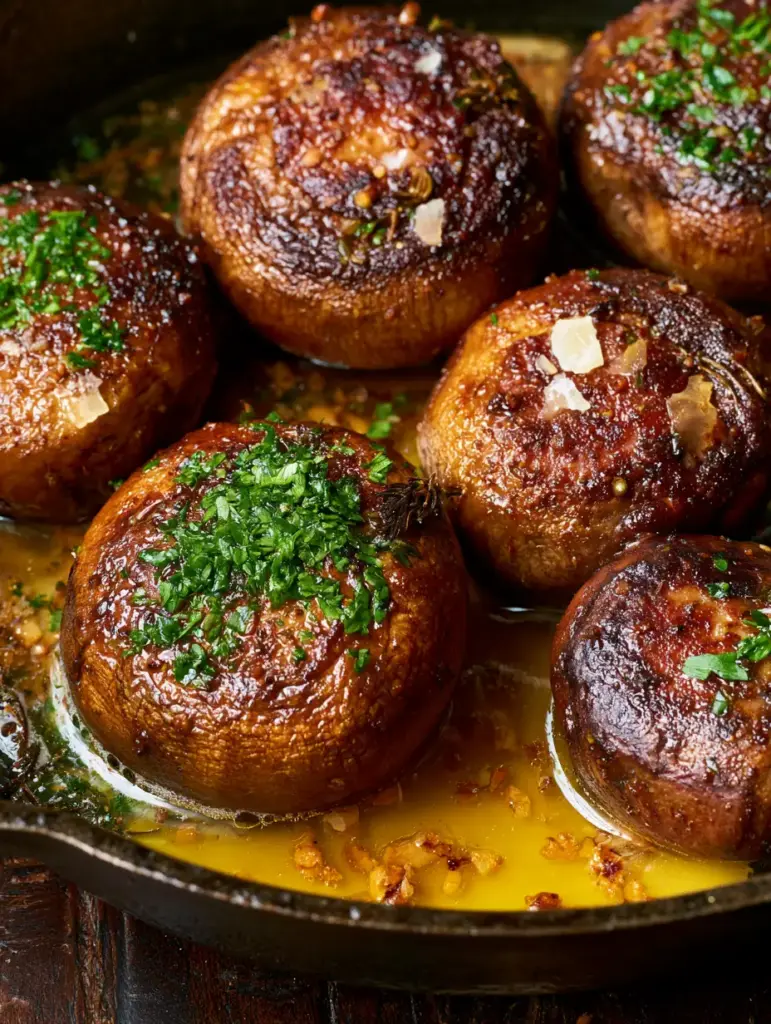 Macro shot of garlic butter simmering around the base of roasted mushrooms.