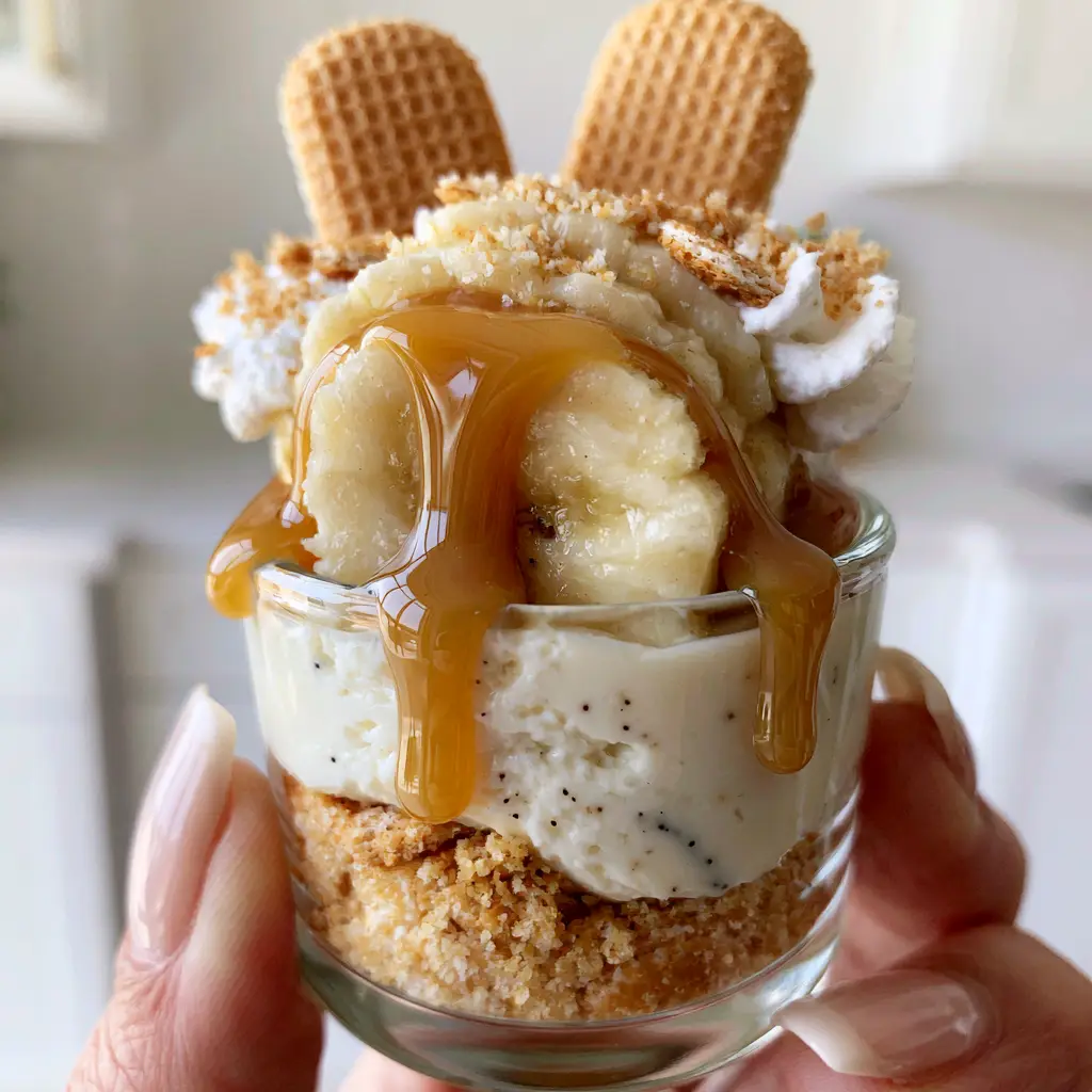 A handheld view of the slow-dripping golden caramel sauce on top of a Mini Banana Pudding Cheesecake cup.