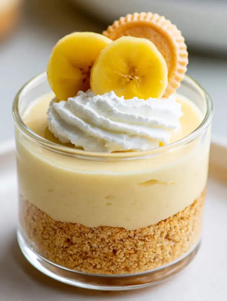 Overhead view showing the fluffy whipped cream garnish, two banana wheels, and a mini Nilla wafer.