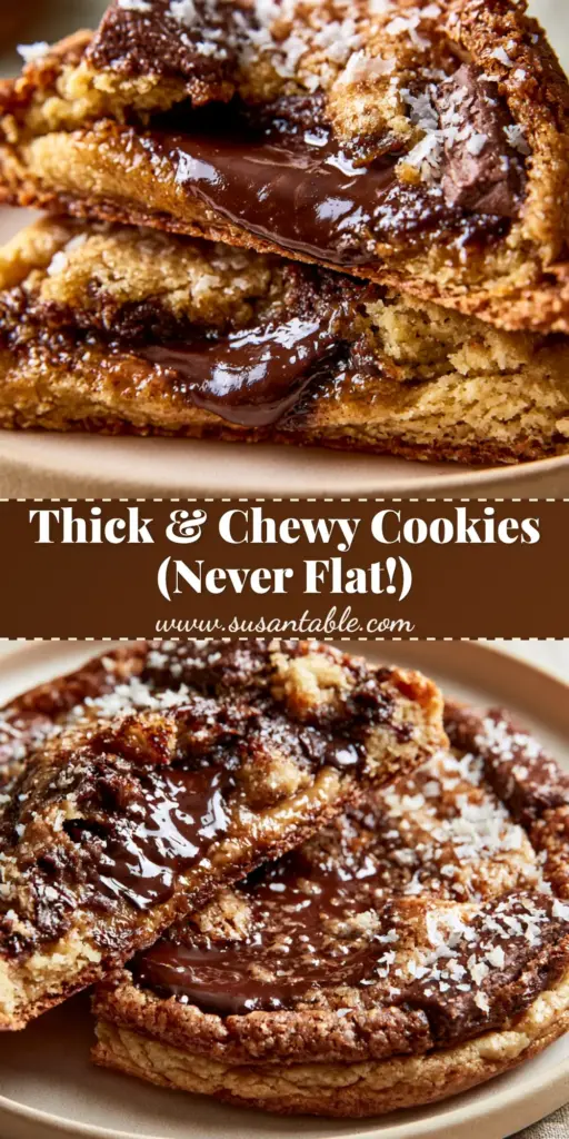 A thick bakery-style chocolate chip cookie pulled apart showing a gooey center and melted dark chocolate pools. (chocolate chip cookies recipe)