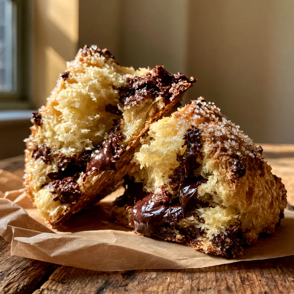Freshly baked chocolate chip scones on brown parchment paper showing golden-brown craggy crust and coarse sugar.
