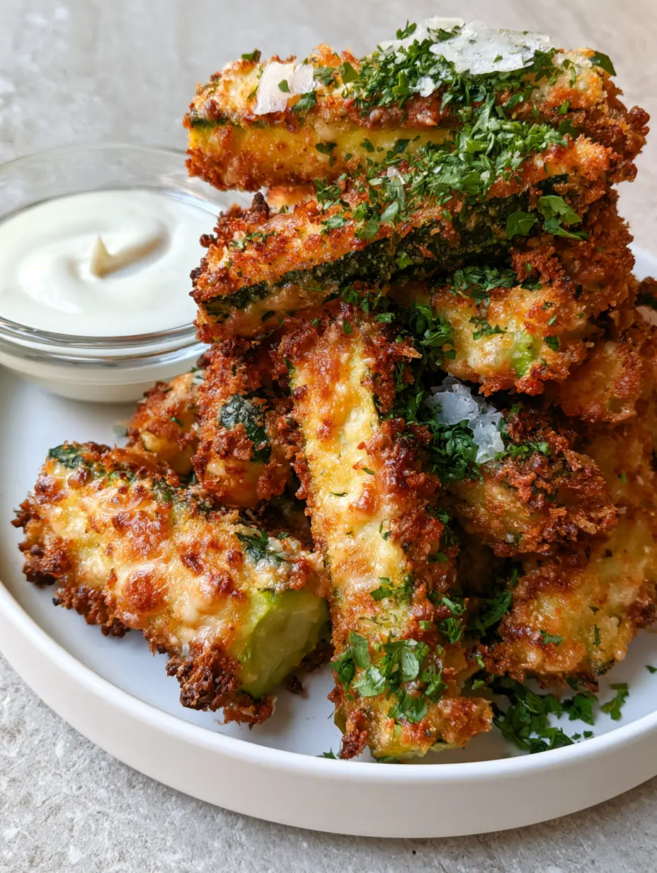 Air Fryer Zucchini Fries with Ultra-Crispy Parmesan Crust 4 Vertical photo of golden brown Air Fryer Zucchini fries piled high with visible toasted panko and parsley.