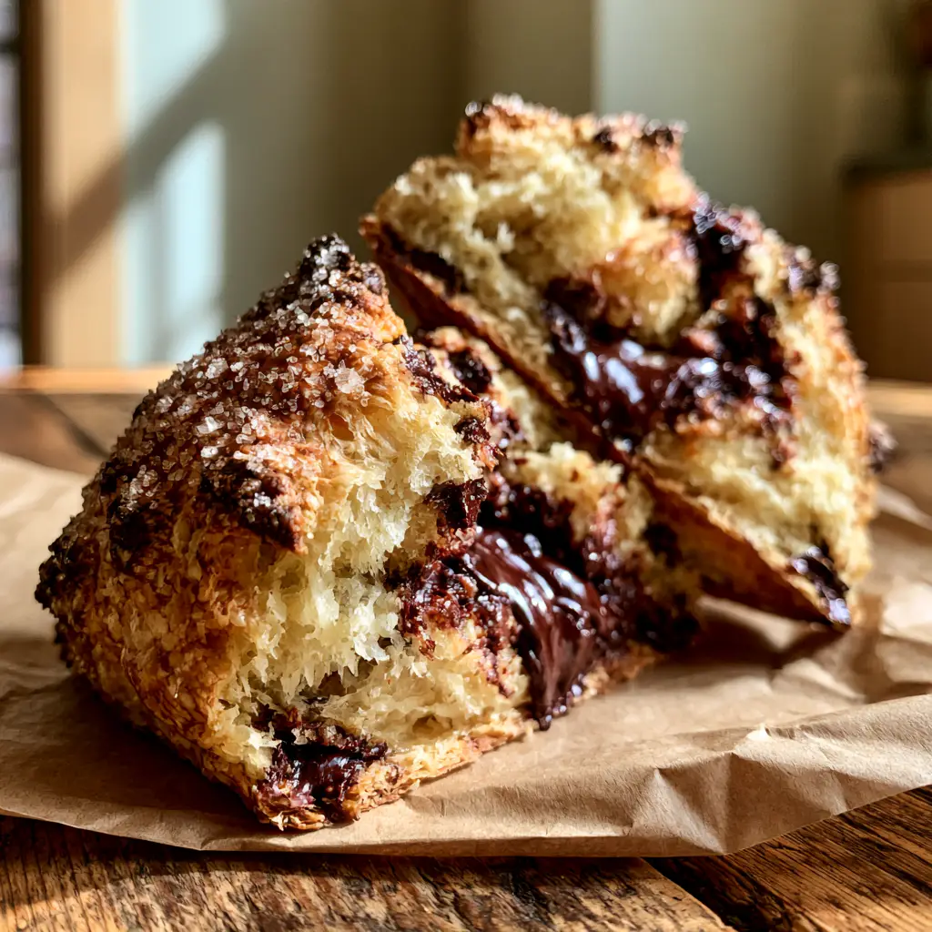 Chocolate Chip Scones: The Ultimate Flaky Bakery-Style Recipe 1 Close up of melted dark chocolate pockets inside a steaming chocolate chip scone.
