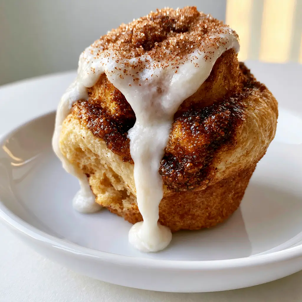 A handheld smartphone photo of a fresh-baked cinnamon roll muffin on a white plate with bubbling dark-brown sugar swirls. (cinnamon roll muffins)