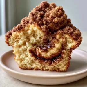 A handheld smartphone photo of a single bakery-style coffee cake muffin sliced in half, revealing a glistening dark-brown cinnamon sugar swirl. (coffee cake muffins)