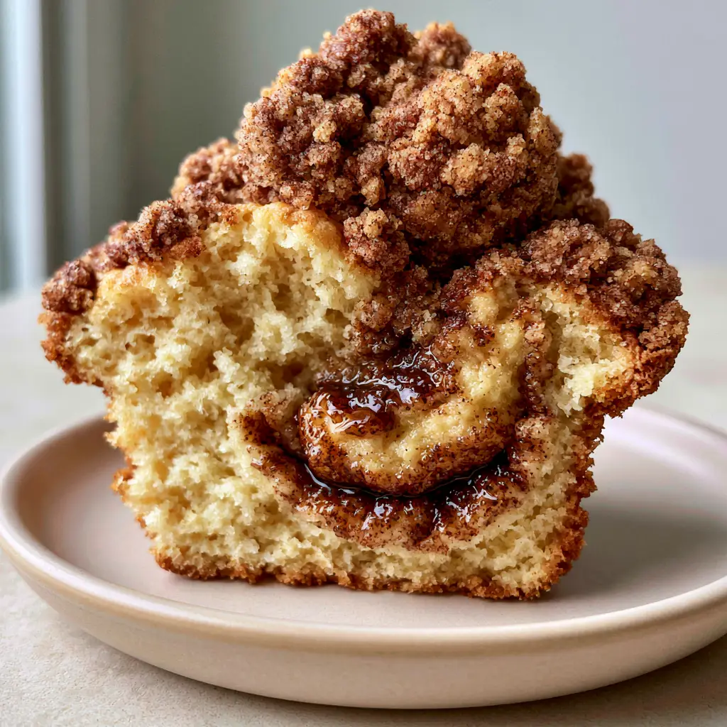 A handheld smartphone photo of a single bakery-style coffee cake muffin sliced in half, revealing a glistening dark-brown cinnamon sugar swirl. (coffee cake muffins)